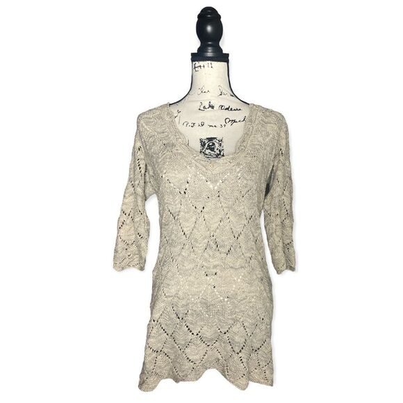 Pins & Needles Dresses & Skirts - Pins and Needles SZ M open knit crochet 3/4 sleeve beige sweater dress